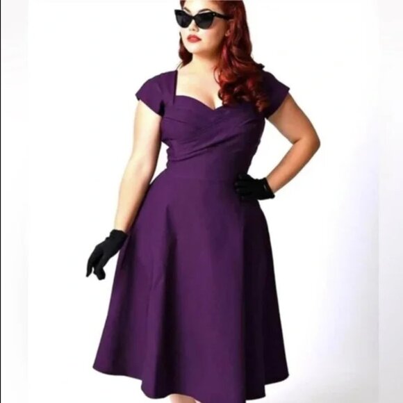 Unique Vintage Dresses & Skirts - Unique Vintage Stop Staring ALTERED Cap Sleeve Swing Dress Purple Plus Size 16